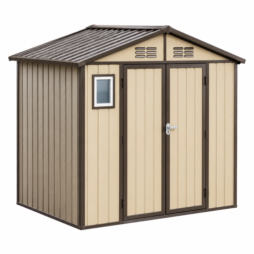 Geräteschuppen 226 x 185 x 190 cm aus Stahl Beige Braun mit Doppeltür und Fenster