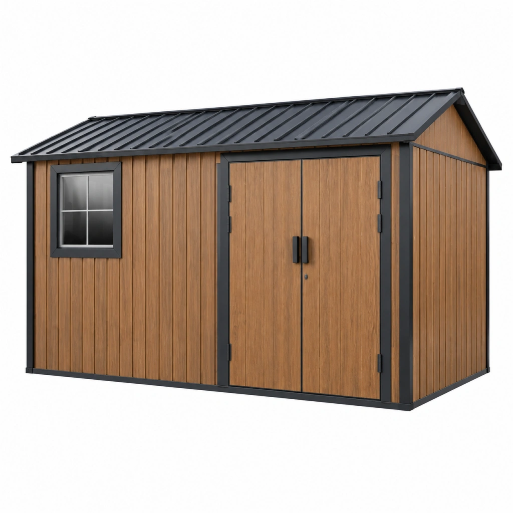 Gartenhaus 280 x 200 x 220 cm in Holzoptik aus Metall mit Doppeltür und Fenster