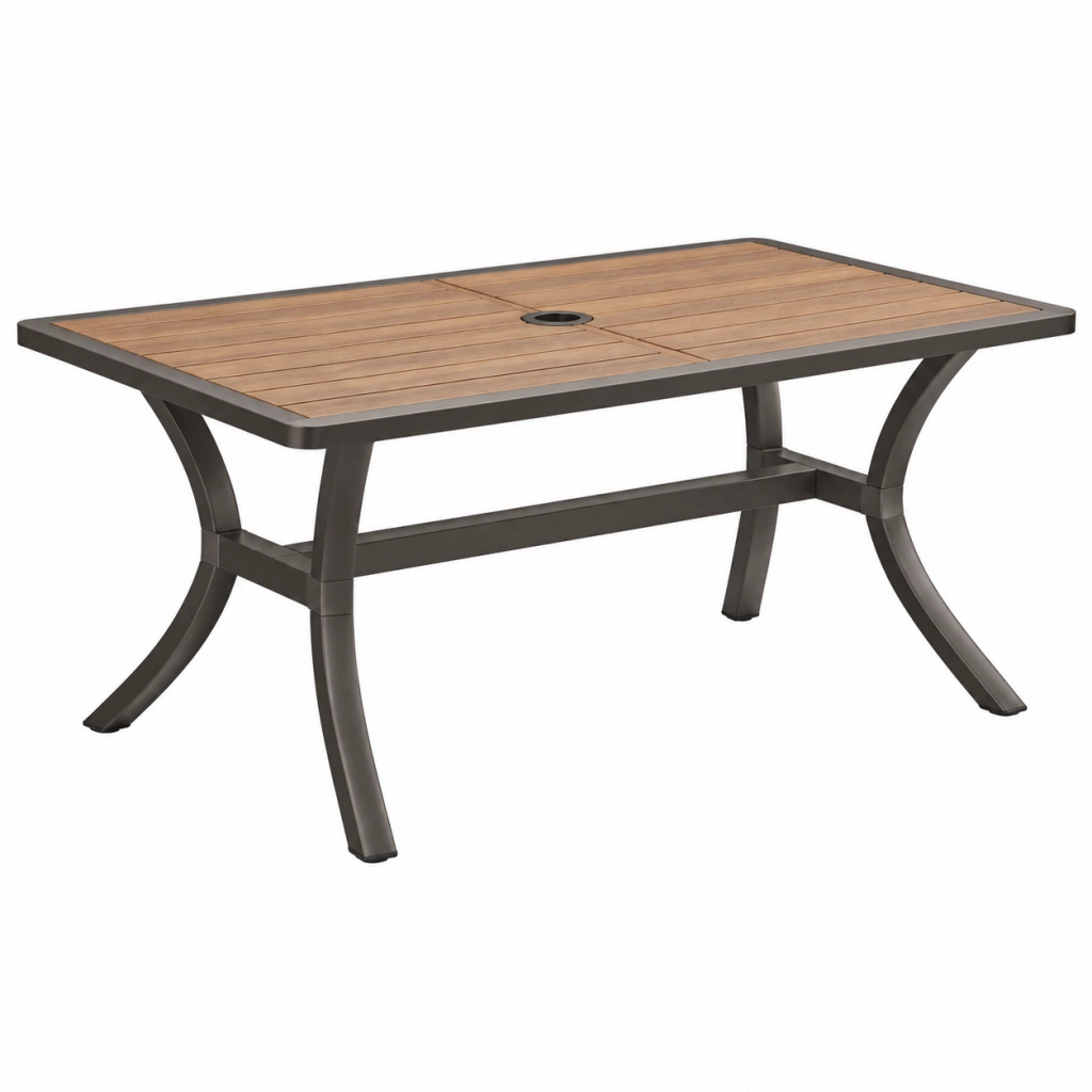 Gartentisch 150 x 90 x 74 cm Metall und Holzoptik Braun Schwarz mit Sonnenschirmöffnung