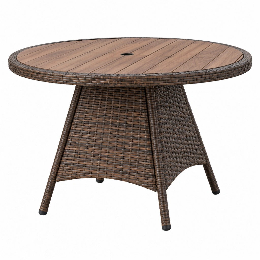Runder Gartentisch 120 cm Holz und Kunststoffgeflecht Braun mit Sonnenschirmöffnung