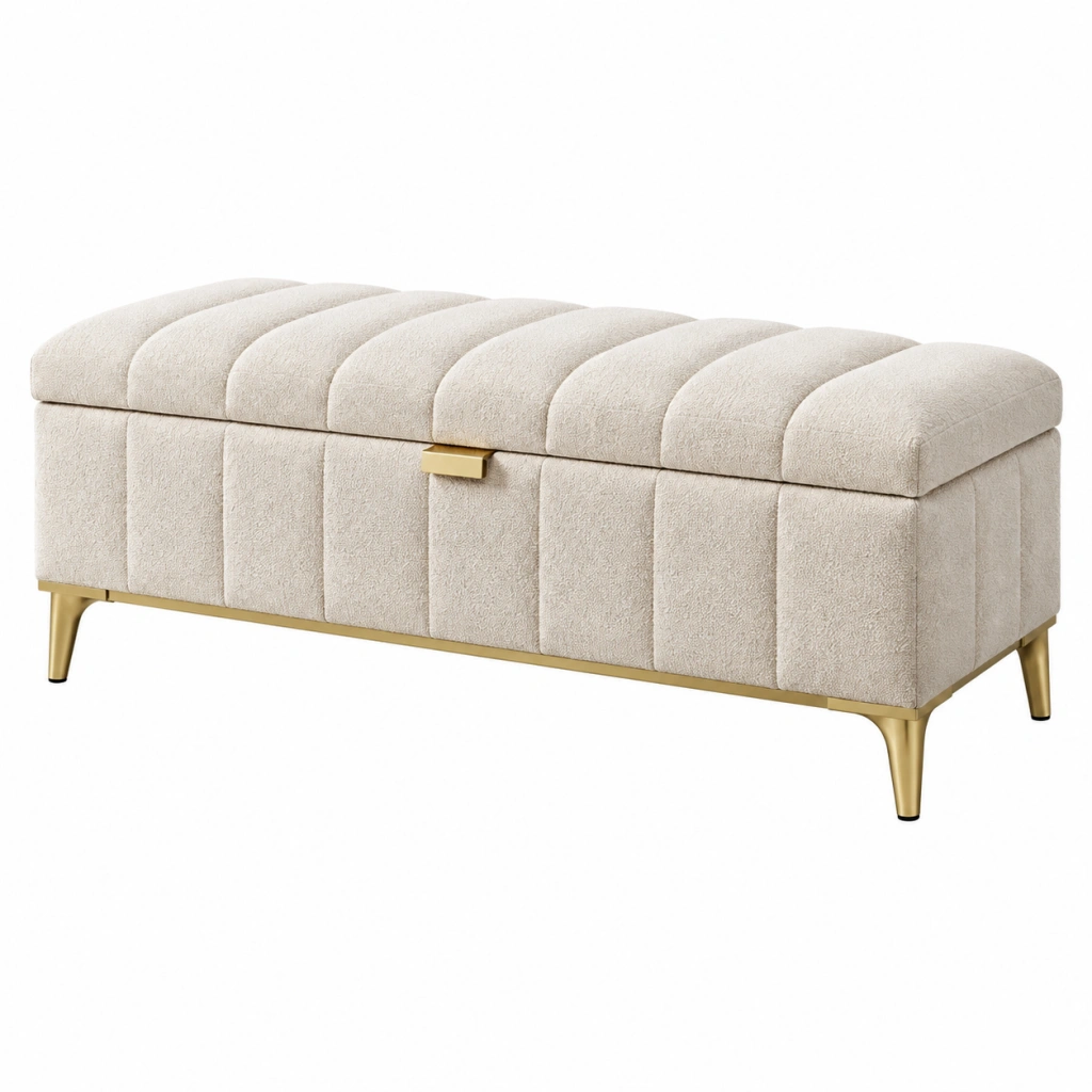 Sitzbank 120 x 45 x 48 cm Bouclé Creme mit Stauraum - gepolsterte Aufbewahrungsbank im modernen Stil