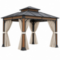 Gartenpavillon 300 x 300 x 300 cm Schwarz Braun Beige mit Metallrahmen und Vorhängen