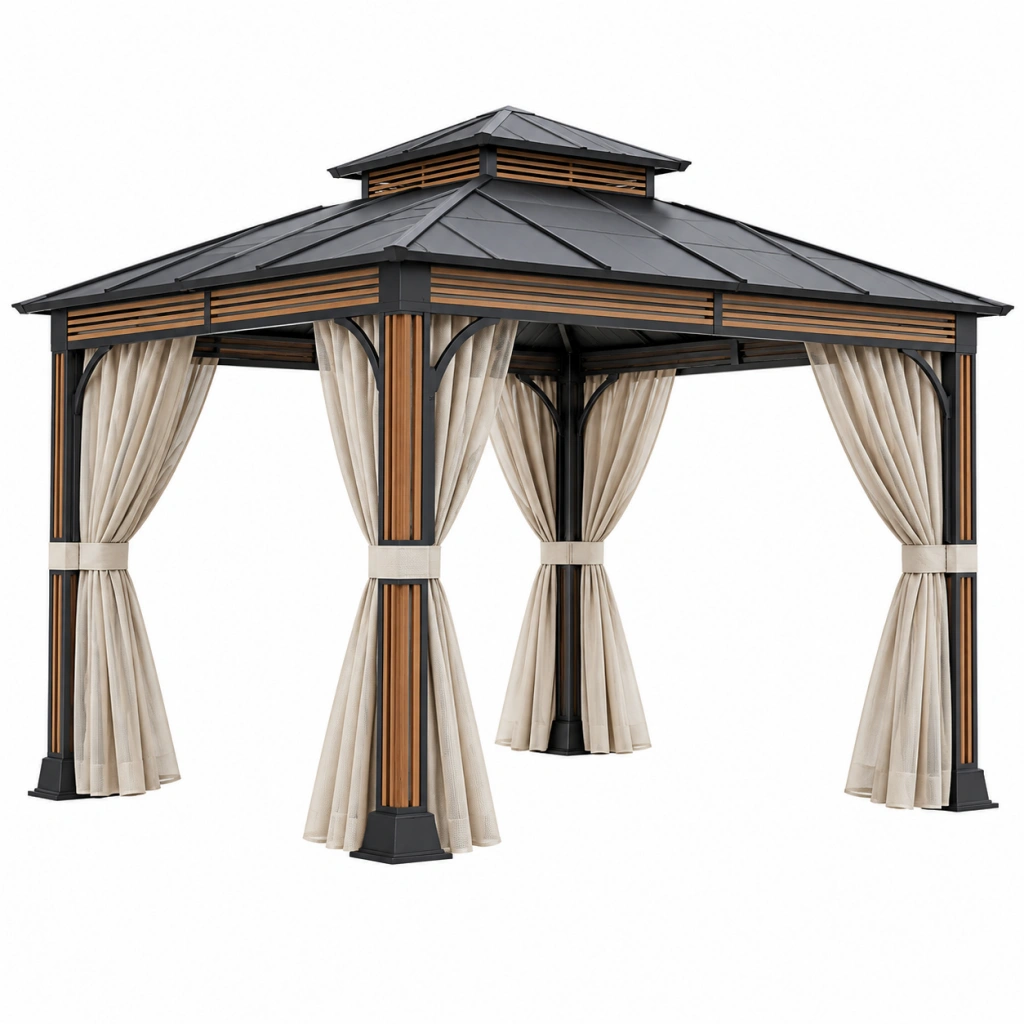 Gartenpavillon 300 x 300 x 300 cm Schwarz Braun Beige mit Metallrahmen und Vorhängen