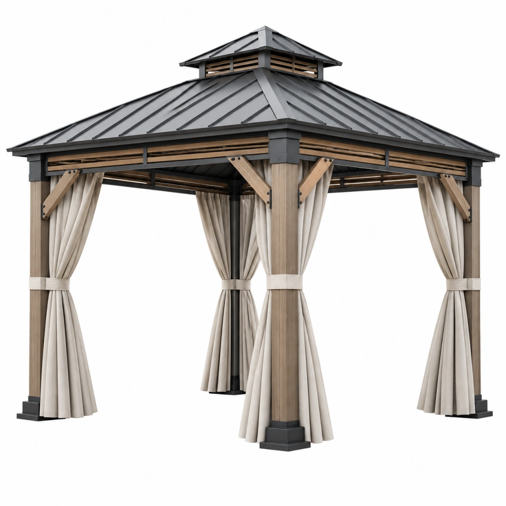 Gartenpavillon 300 x 300 x 300 cm Metall in Anthrazit Beige mit Vorhängen