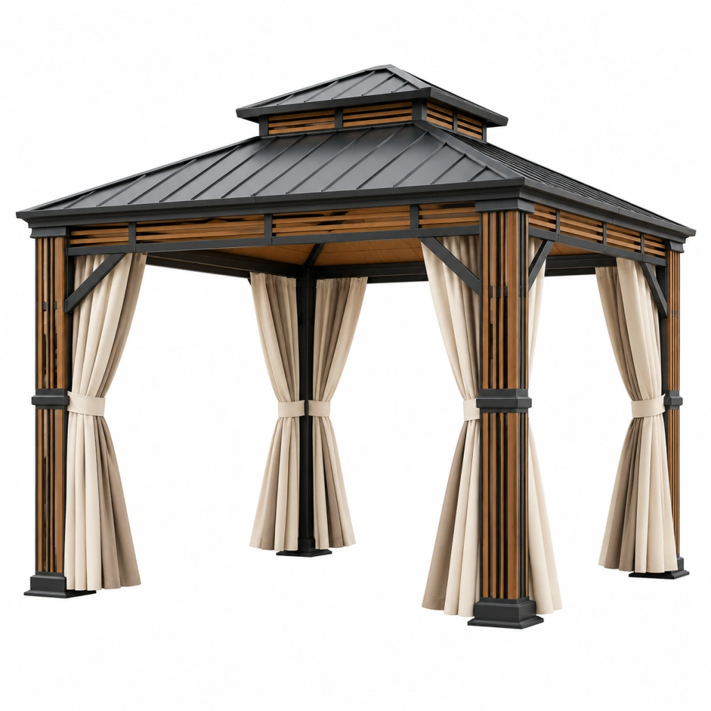 Pavillon 300 x 300 x 300 cm mit Metallgestell Schwarz Braun Beige mit Vorhängen