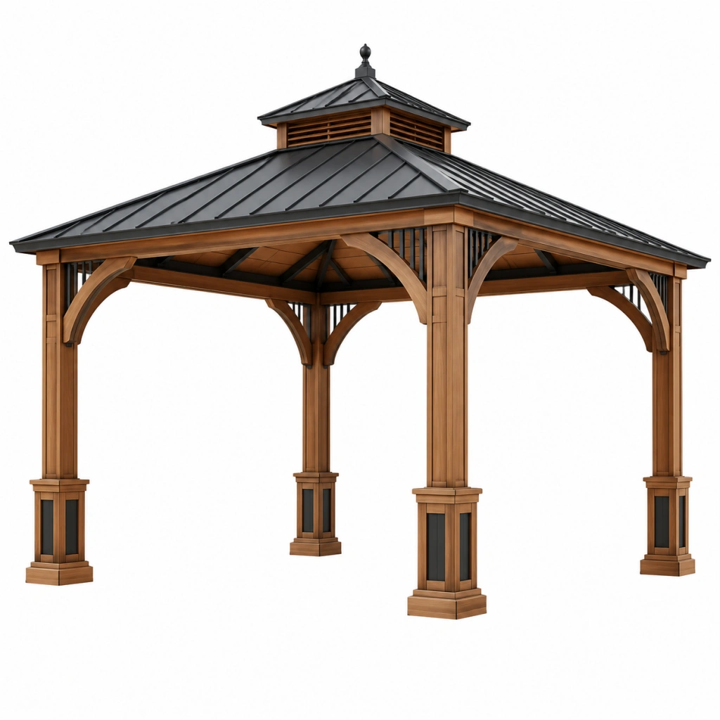 Gartenpavillon 400 x 400 cm Holz Braun mit Metalldach Anthrazit für Außenbereich Klassisch