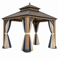 Gartenpavillon 300 x 300 x 300 cm Holz Metall Beige Blau mit Vorhängen