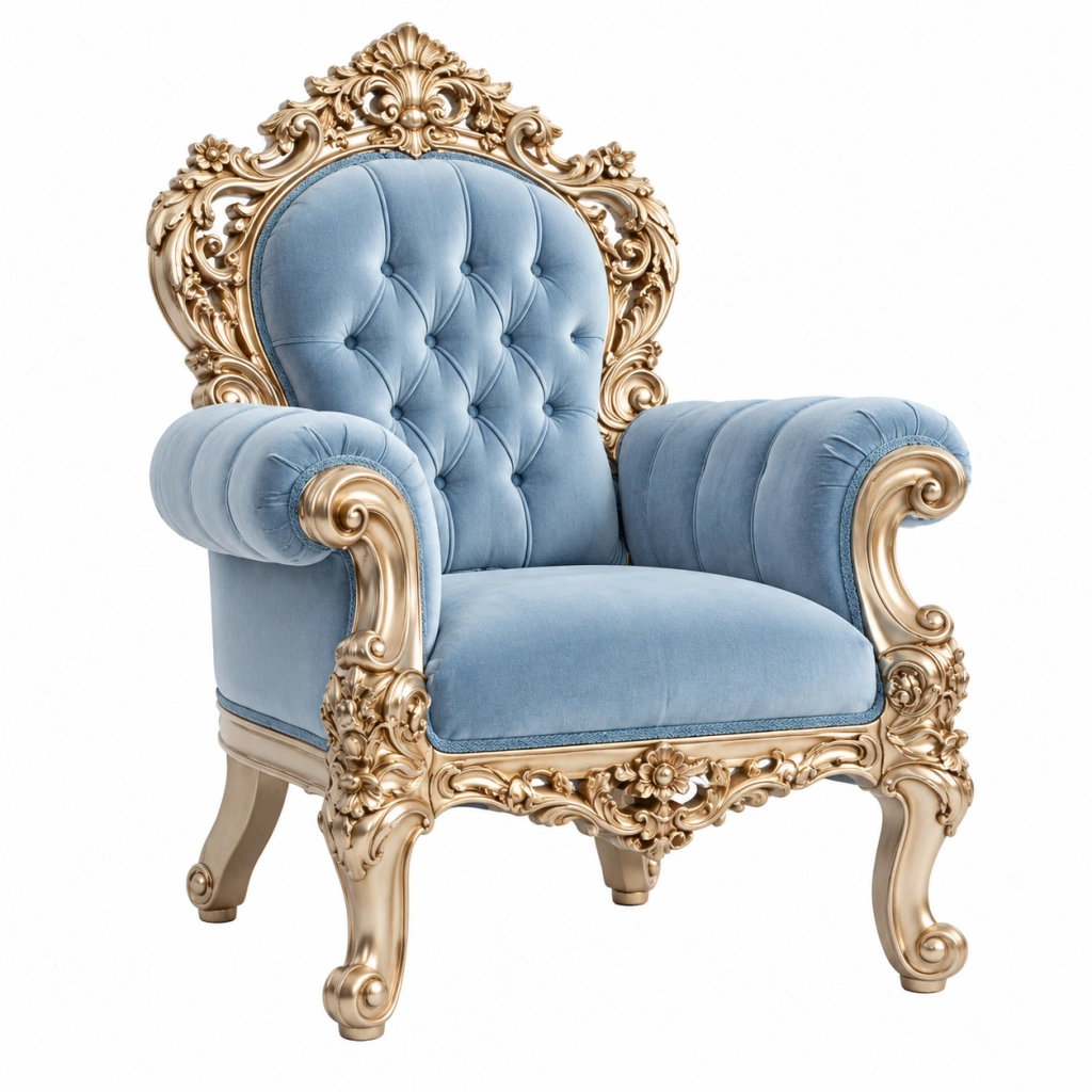 Sessel 95 x 90 x 145 cm aus Samt in Hellblau und Gold im Barockstil