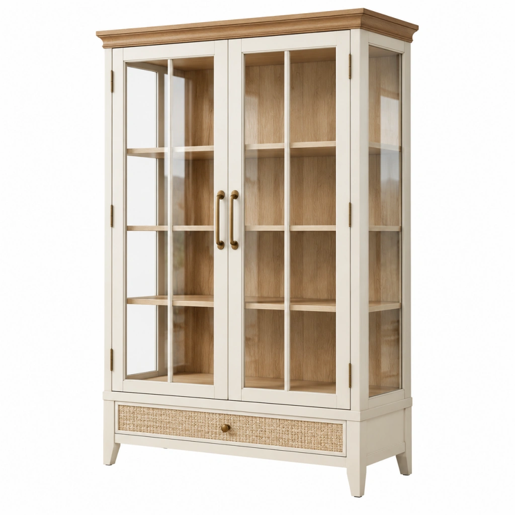 Vitrine 90 x 40 x 180 cm Holzwerkstoff Creme Natur mit Glastüren und Schublade im Landhausstil