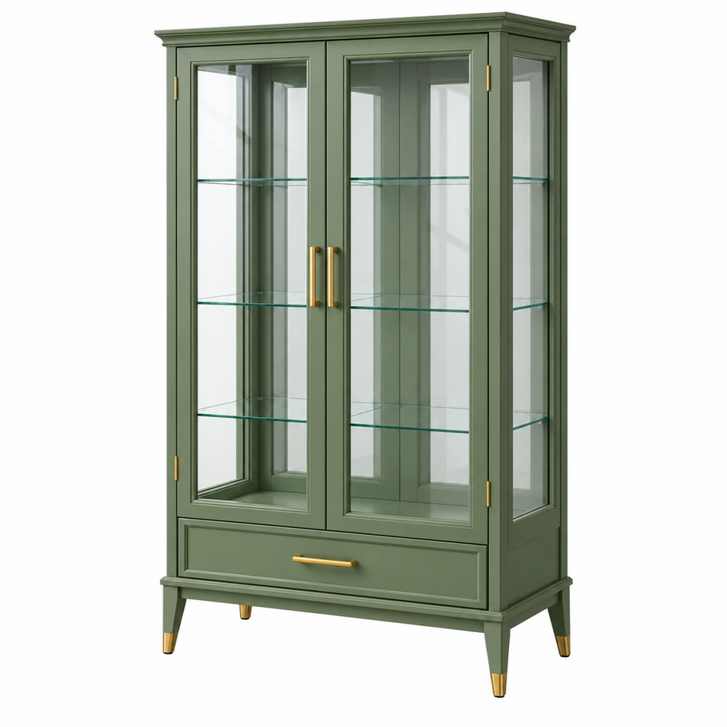Vitrine 90 x 40 x 180 cm aus Holzwerkstoff Grün mit Glastüren und Schublade im klassischen Stil