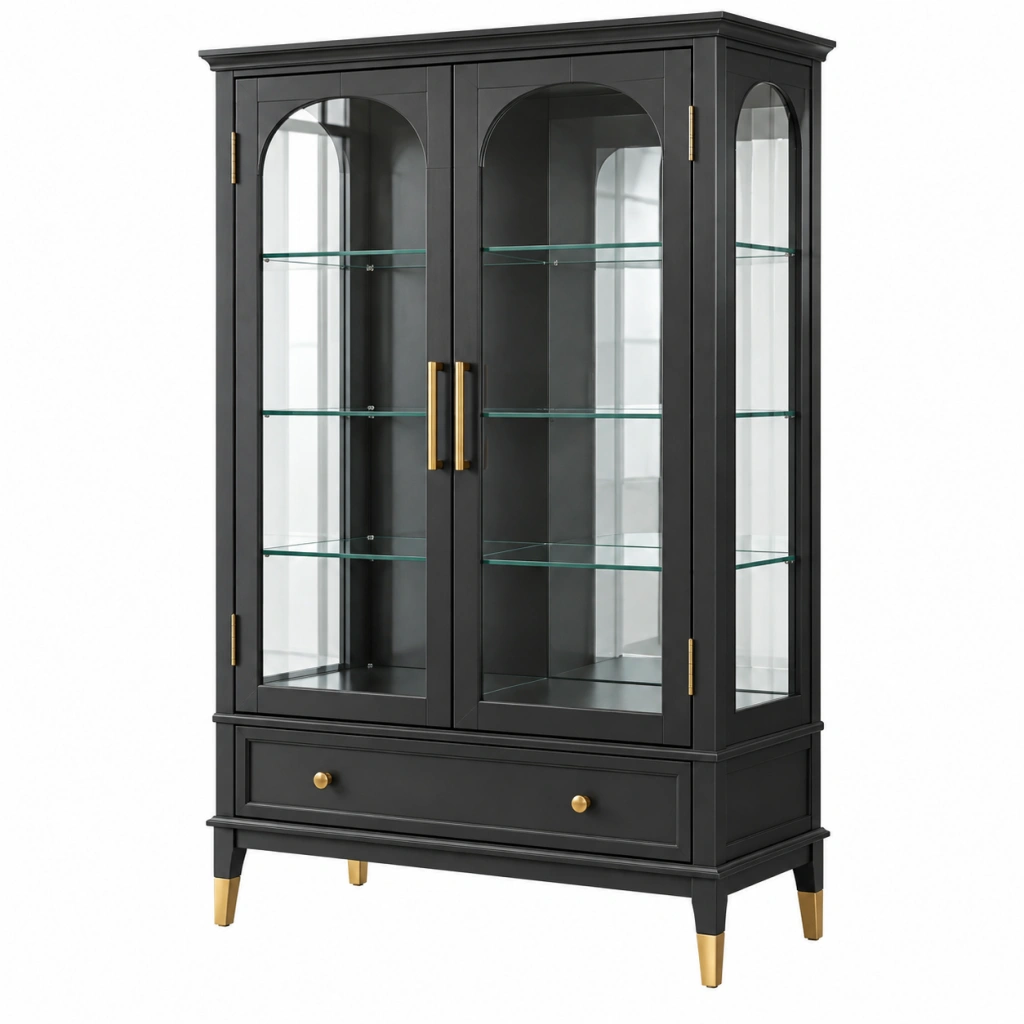 Vitrine 100 cm Schwarz Holz und Glas mit Schublade im klassischen Stil