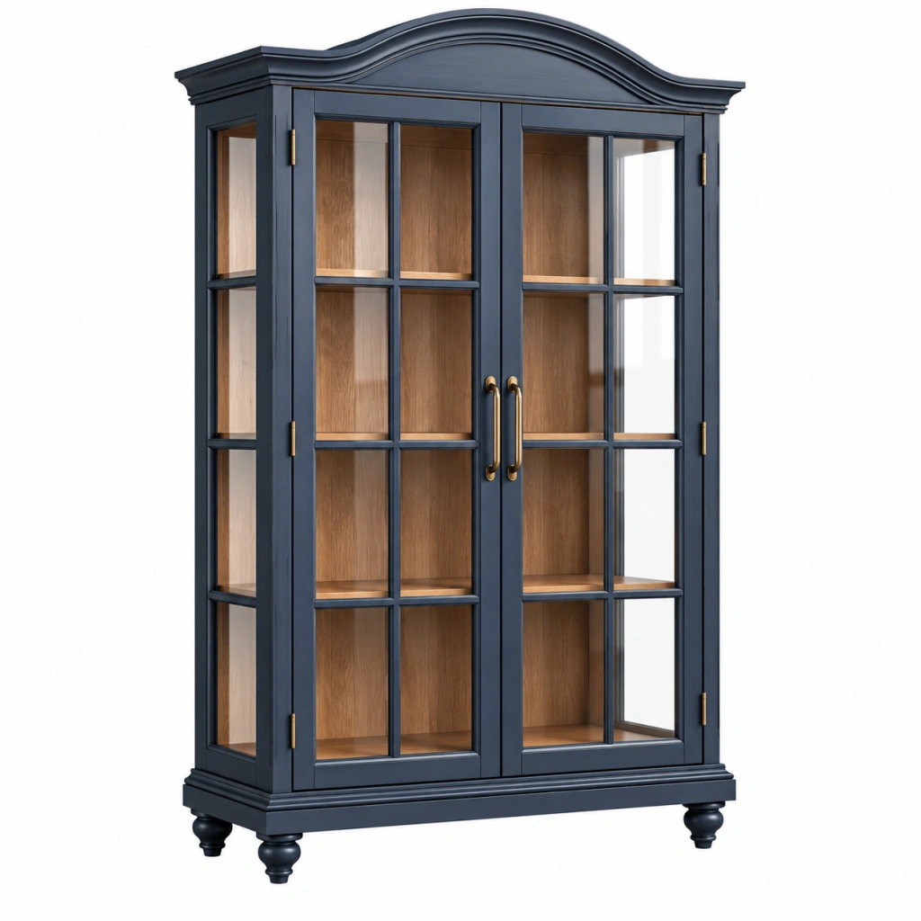 Vitrine 100 x 45 x 200 cm aus Holz und Glas in Dunkelblau im klassischen Stil