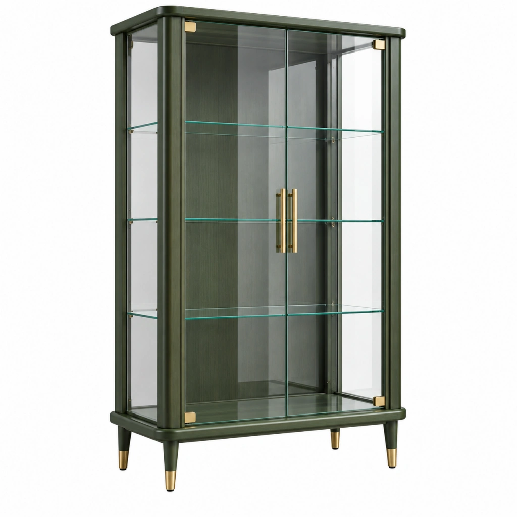 Vitrine 90 x 40 x 160 cm aus Glas und Holz in Dunkelgrün mit zwei Türen