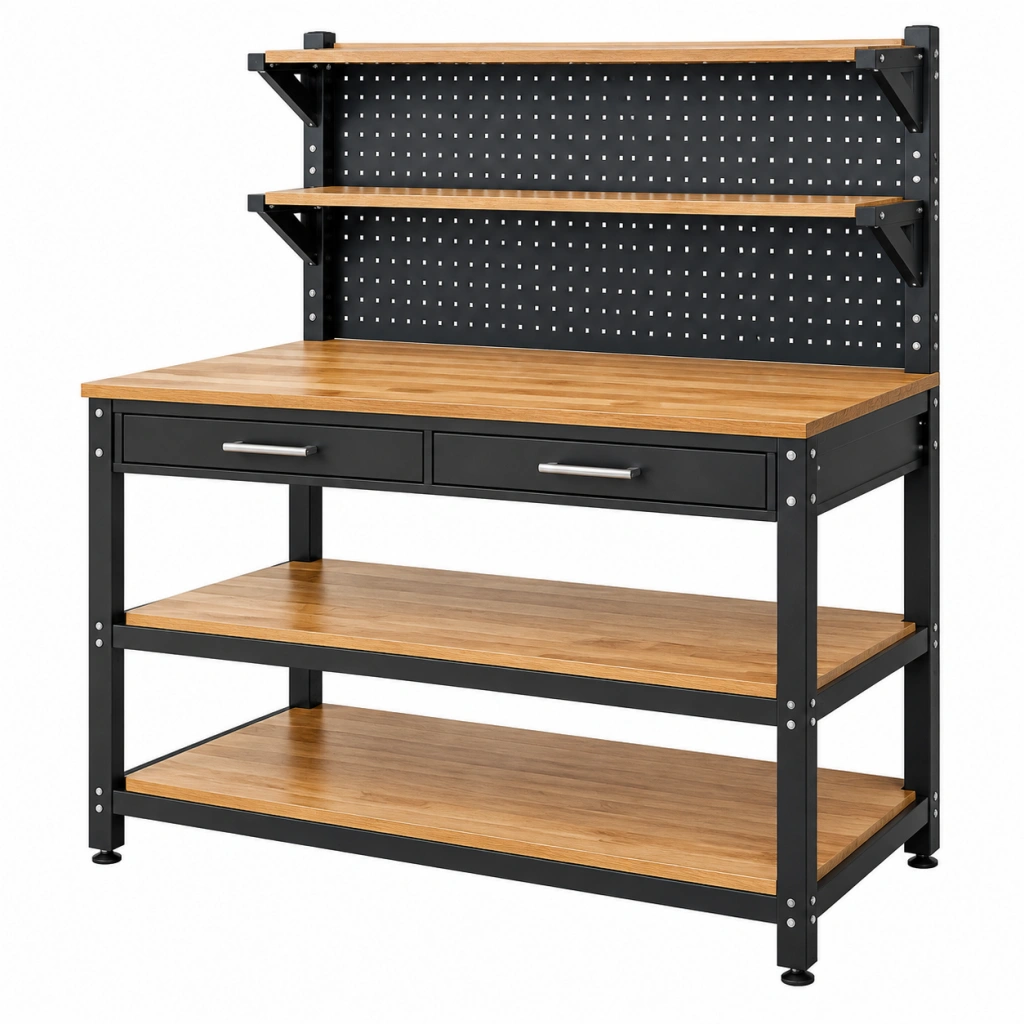 Werkbank 120 x 60 x 170 cm Holz und Stahl Schwarz Natur mit Lochwand und Schubladen