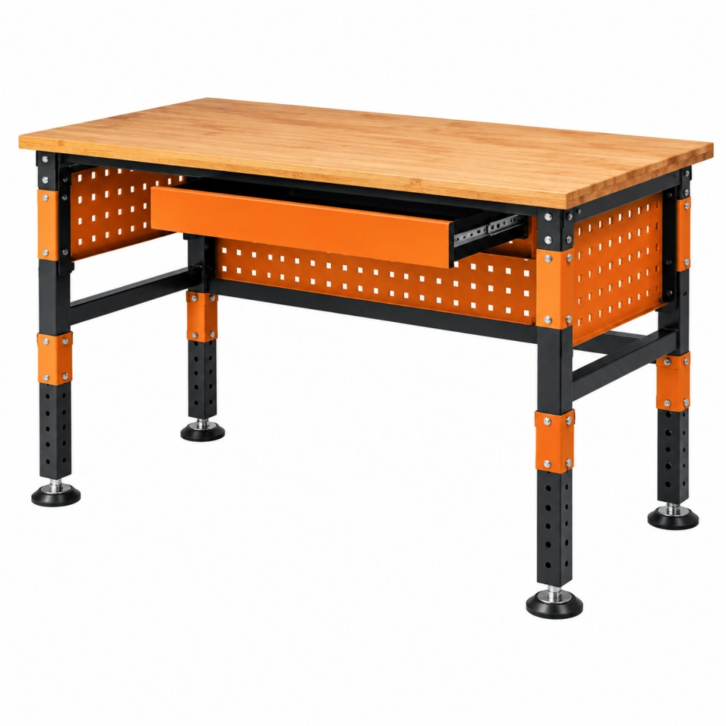 Werkbank 120 x 60 x 85 cm mit Bambusplatte Stahlgestell Orange Schwarz höhenverstellbar mit Schublade