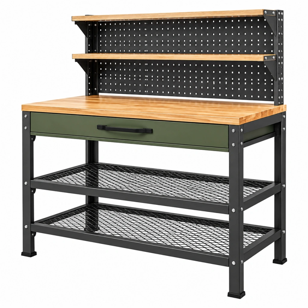 Werkbank 120 x 60 x 150 cm mit Holzarbeitsplatte Stahlgestell Grün Schwarz Industrie Stil