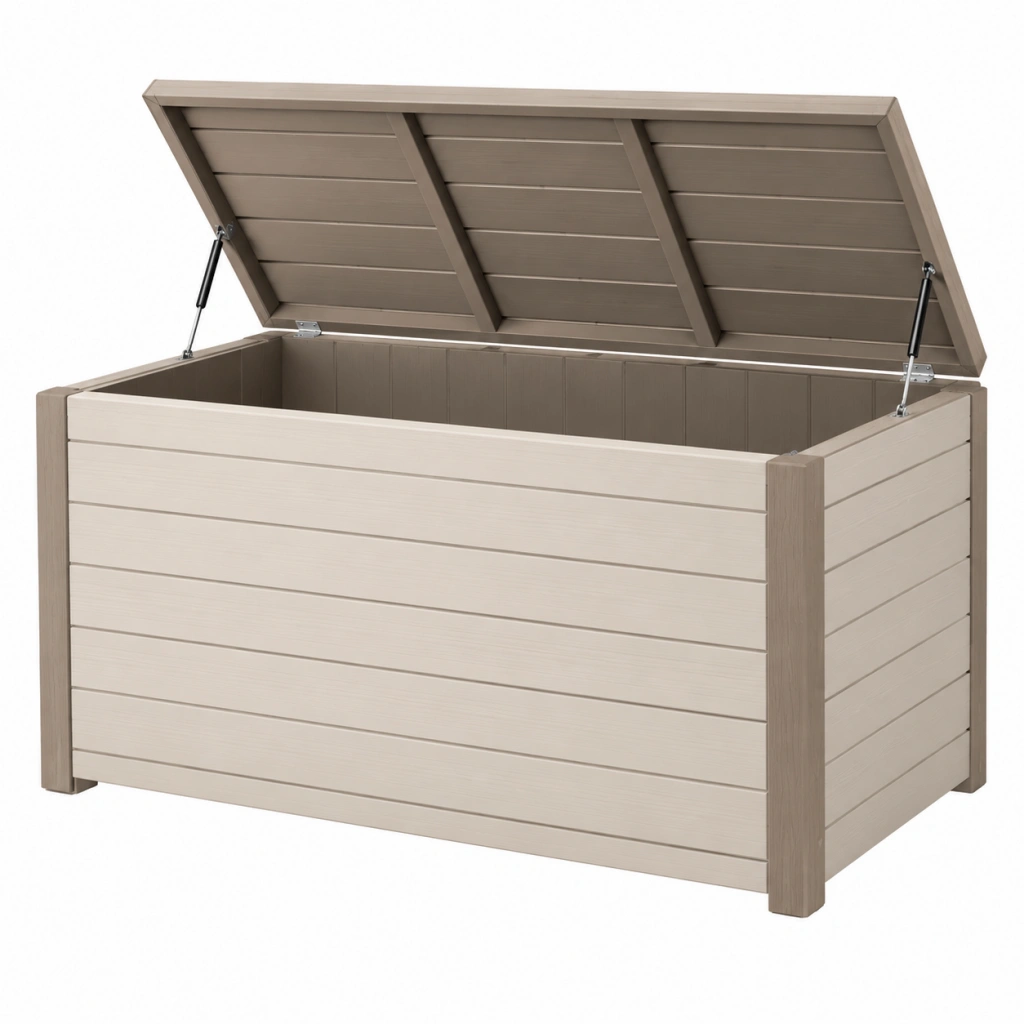 Garten-Aufbewahrungsbox 120 x 62 x 63 cm Kunststoff Beige in Holzoptik mit Klappdeckel