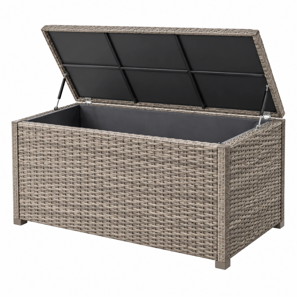 Auflagenbox 120 x 60 x 60 cm aus Polyrattan taupe mit Klappdeckel für den Außenbereich